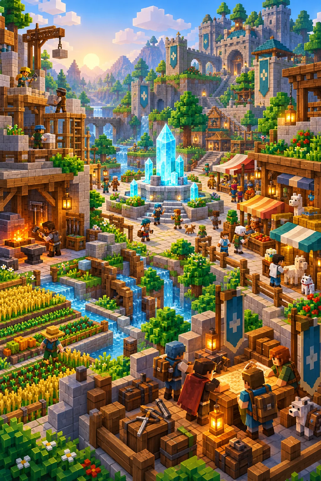 Illustration du Bastion de la Source : une cité en blocs autour d’un cristal lumineux