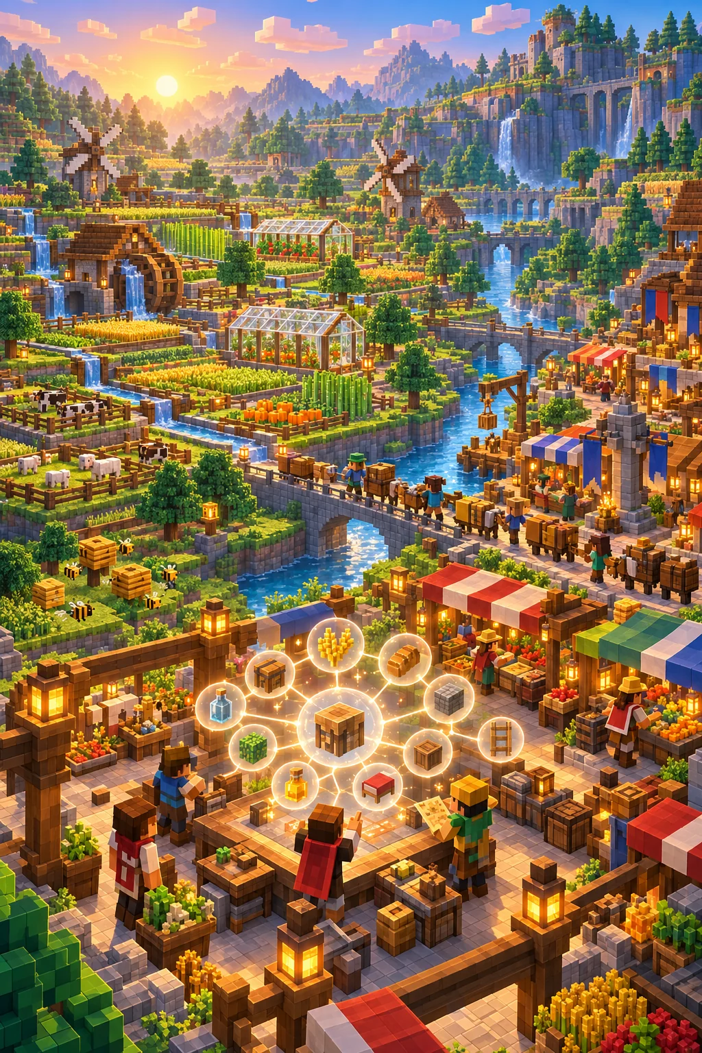 Illustration des ateliers, cultures et constructions du Royaume