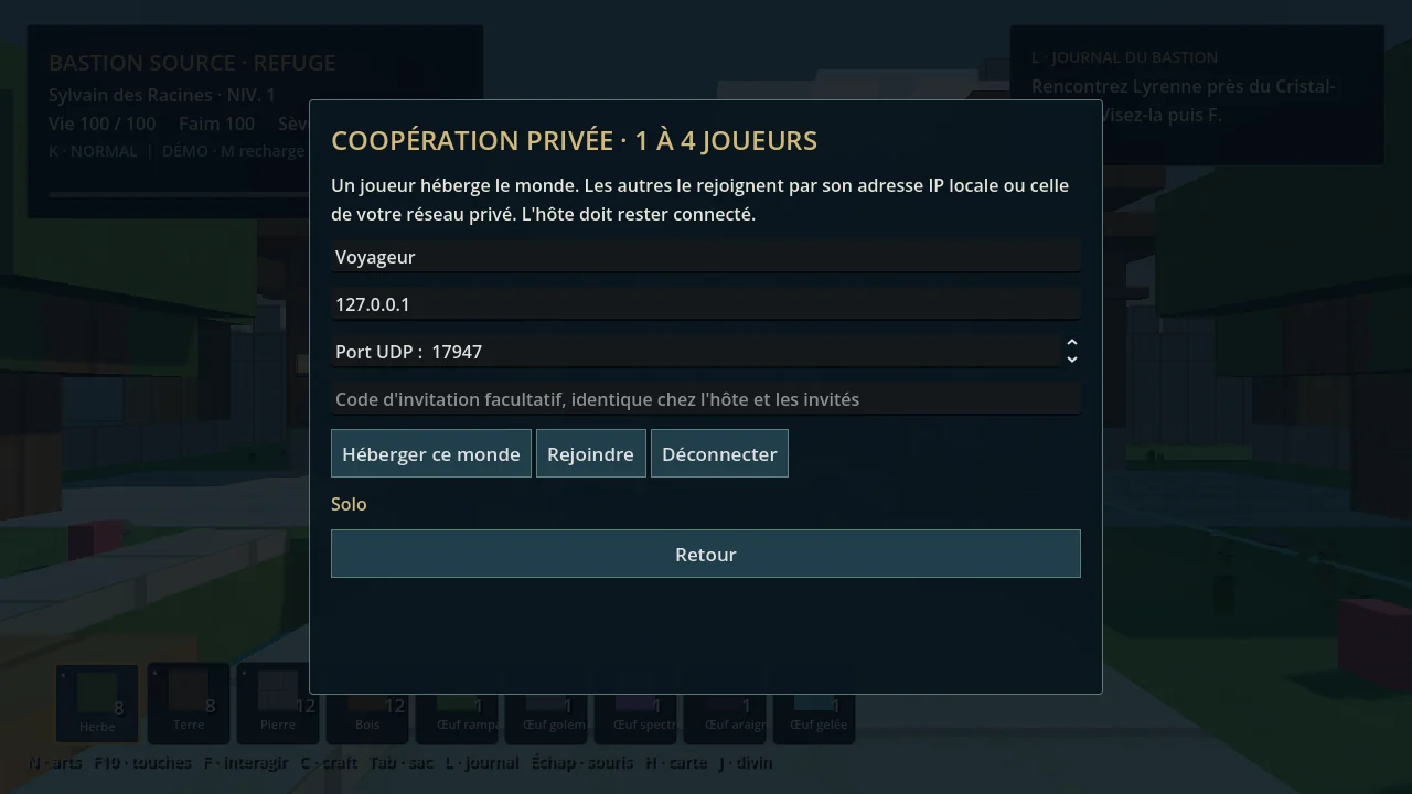 Le panneau pour héberger ou rejoindre une partie.